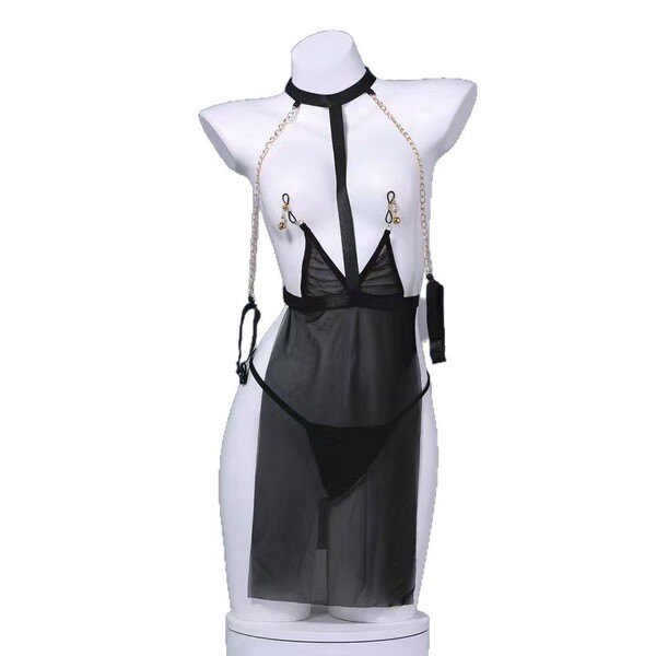 Sheer black lingerie set with chains and harness, designed for a bold, bdsm-inspired look. perfect for plus-size women seekin...