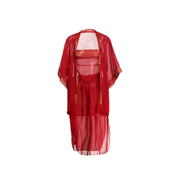 Red sheer hanfu lingerie set with gold embroidery, featuring a seductive bodice and matching pants for plus size.