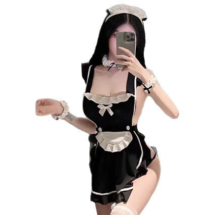 Sexy maid costume for women featuring a black apron with white trim, perfect for role play and adult entertainment. includes ...