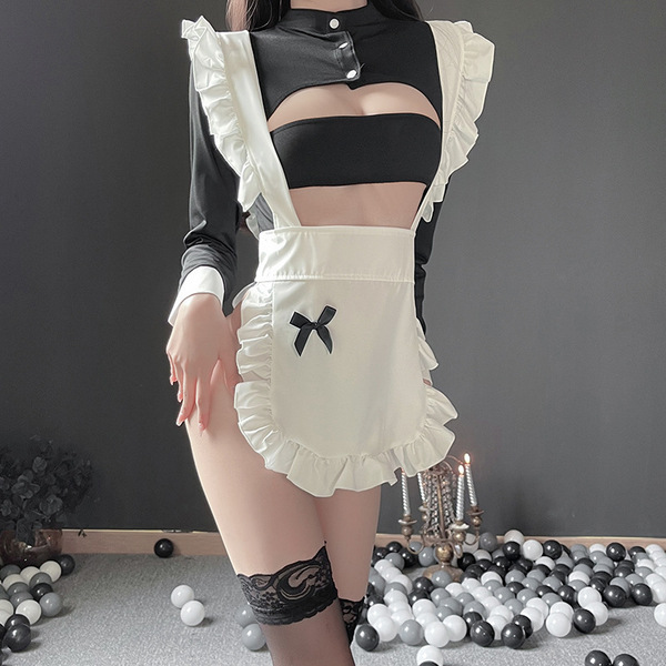 Sexy maid costume for women featuring a cute black and white outfit with ruffled apron and lace stockings, perfect for role p...