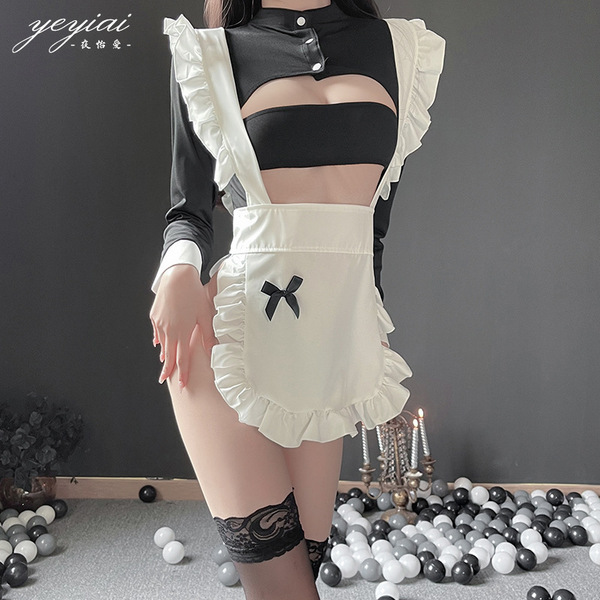 Sexy maid costume with ruffled apron and lace stockings, perfect for role play and passionate nights.