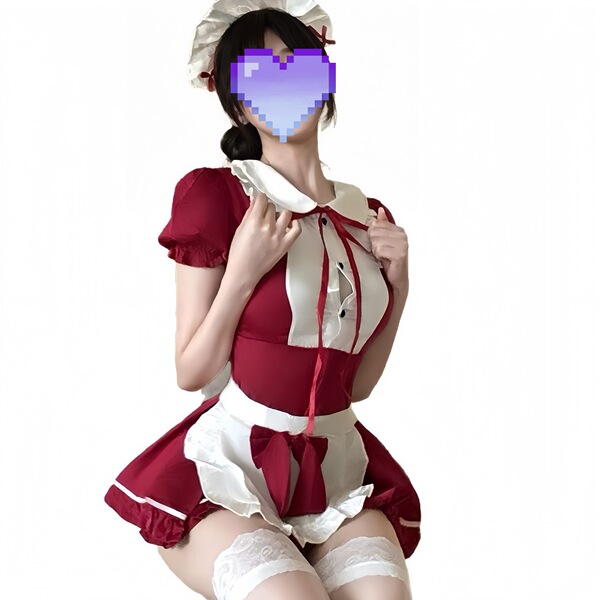 Sexy maid costume set featuring a red dress with white apron, lace stockings, and playful design elements for an adult-themed...