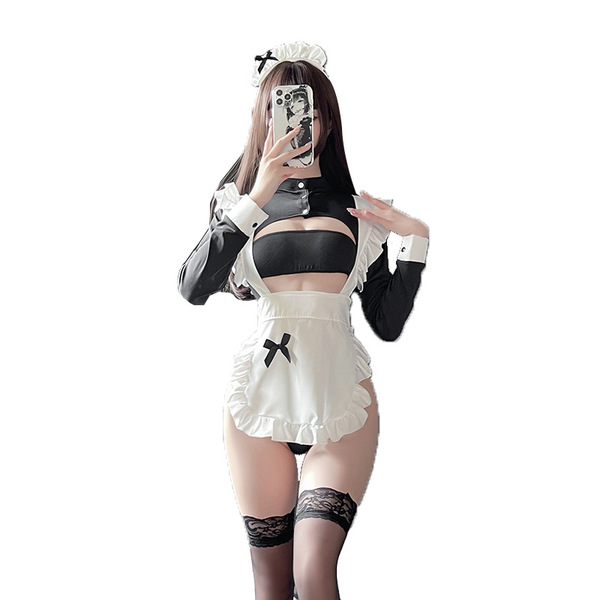 Sexy maid costume for women featuring a cute black and white outfit with lace details, perfect for role play and cosplay.