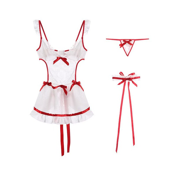 Sexy maid costume set featuring apron, stockings, and sleepwear with no-remove design, perfect for role play.