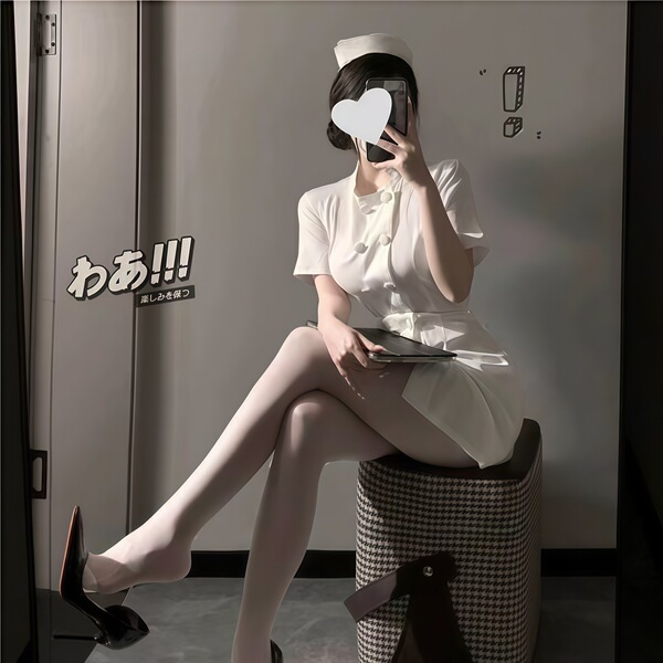 A stylish nurse outfit featuring a white dress with buttons, cap, and stockings, perfect for a seductive look.
