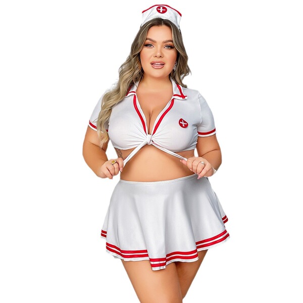 Plus size sexy nurse costume set - milk silk uniform with bandage top, skirt, stockings & cap