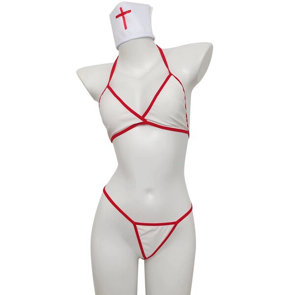 White nurse costume with red trim, featuring a lace bikini and strap top, paired with a cross-adorned cap for women.