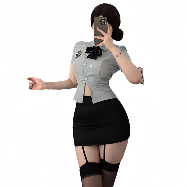 Sexy police uniform costume for women featuring a light blue blouse with buttons, black skirt, thigh-high stockings, and a bo...