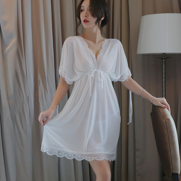 Elegant sheer mesh lace nightgown with delicate v-neckline and flowing sleeves, perfect for women seeking comfort and style i...