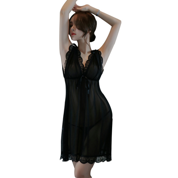 Elegant sheer mesh lace nightgown for women, featuring delicate lace details and a feminine design, perfect for sleepwear.