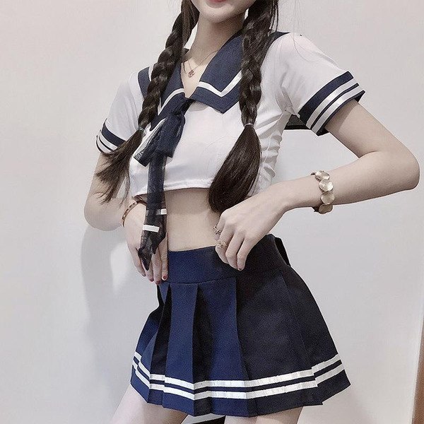 Plus size sexy student uniform set - schoolgirl style pleated skirt & sailor top jk outfit for women, featuring a sailor top ...