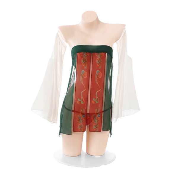 Plus size tang dynasty print bandeau dress with sheer sleeves, hanfu-inspired lingerie and backless sleepwear in red and gree...