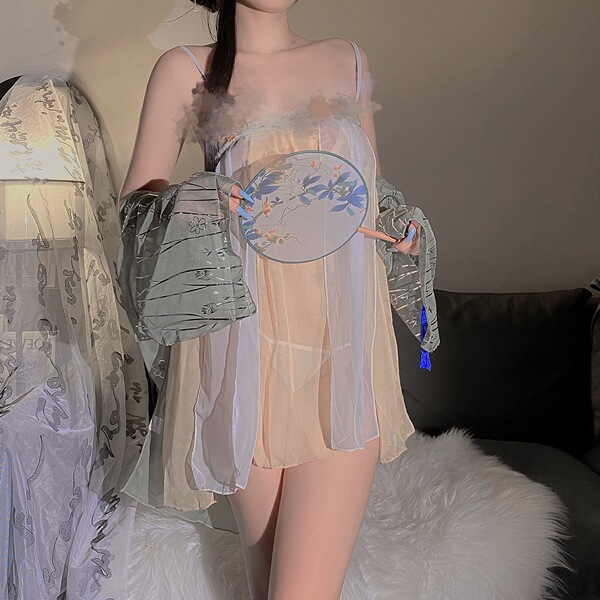 Vintage-inspired plus-size chinese lingerie set featuring embroidered hanfu bodice and cheongsam-inspired design, perfect for...