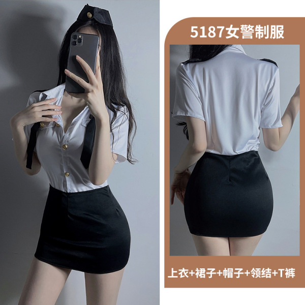 Airu Airu Sexy Flight Attendant Costume for Women - Police Role Play Skirt Set, Provocative Uniform Outfit - Female police uniform + black open-crotch stockings