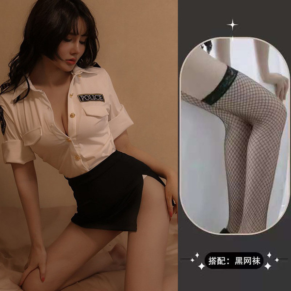 Sexy Female Police Uniform Costume Set - Role Play Lingerie Short Skirt Outfit for Cosplay & Adult Fun - Policewoman outfit + black fishnet stockings