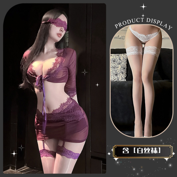 QingShe Lace Nursing Lingerie Set – Pure & Tempting Bondage-Inspired Sensual Underwear for Women - Grapes falling like tears ~ + white stockings