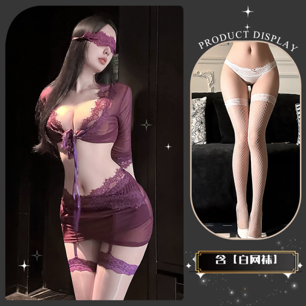 Lace Nursing Lingerie Set - Seductive Pure-Yu Style Bondage Bra & Panty for Women - Grapes falling like tears ~ + white fishnet stockings
