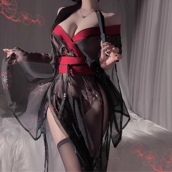 Meijia Ren Sensual Hanfu Lingerie Set - Bedroom Play Outfit for Couples, No-Remove Pure Temptation Style - Printed Hanfu