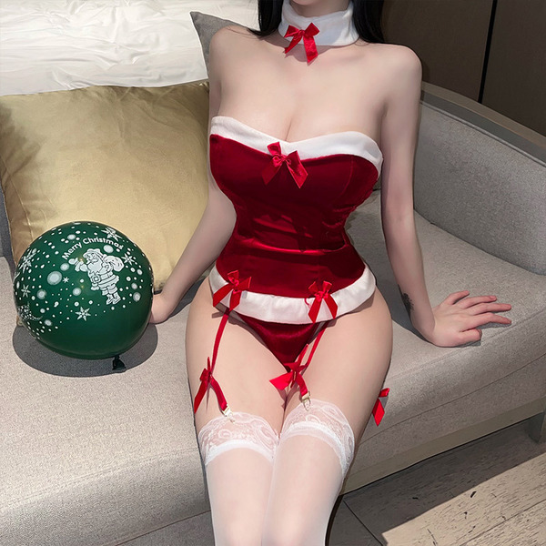 Private moon christmas bunny costume - sexy naughty holiday role play lingerie set featuring festive red and white design wit...