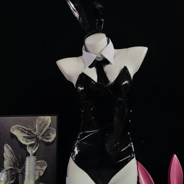 Sexy pu bunny girl bodysuit set featuring glossy black material with white collar and tie, perfect for role play and cosplay.