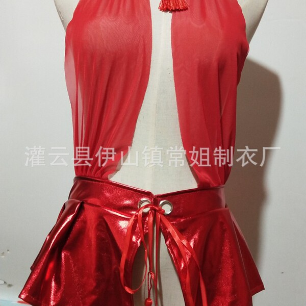 Red pu foil-embossed sexy lingerie dress with open back, tassel detail, and shiny skirt – perfect for club & nightlife.