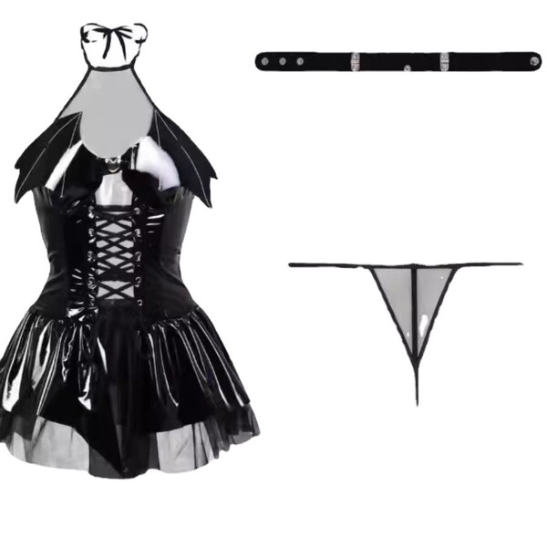 Genuine pu leather devil costume set - seductive role play lingerie outfit for women featuring a corset, tutu skirt, and thig...