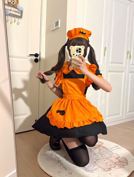 Maid Dress Cosplay Costume - Sweet Lolita Servant Dress for Women, Plus Size Cute Maid Outfit for Daily Wear & School - Pumpkin Outfit Set (Dress + Apron + Headwear)