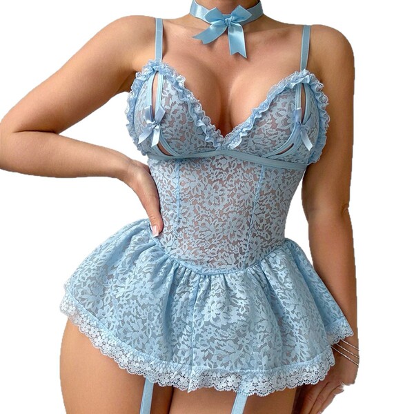 Sheer blue lace lingerie set with matching fishnet stockings and bow choker – pure allure european-style sensual underwear.