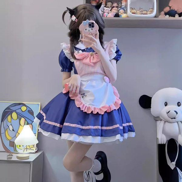 A person wearing a cute cat-themed maid costume, featuring a pink and blue dress with ruffles and a bow apron, perfect for co...