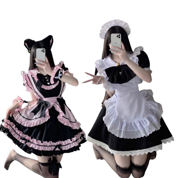 Two models showcase the pure & alluring cat-themed maid costume, featuring black and pink dresses with ruffles, cat ears, and...
