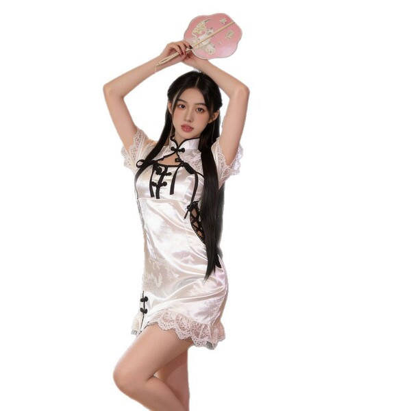 A woman poses elegantly in a modern cheongsam sleep dress, featuring a high neck and side slit design, perfect for those seek...