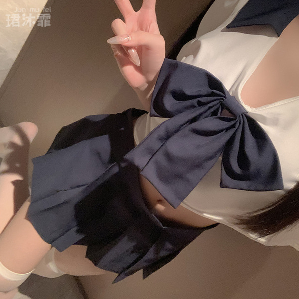 A stylish japanese-inspired jk uniform set featuring a sheer top with a large navy bow and pleated skirt, perfect for plus-si...