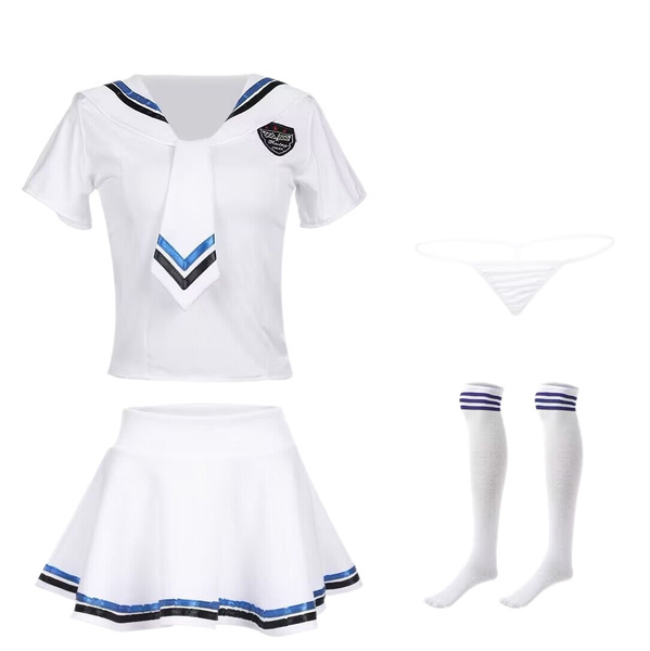 Pure & alluring jk uniform set featuring a sailor-style design with white top, pleated skirt, knee-high socks, and tie, perfe...