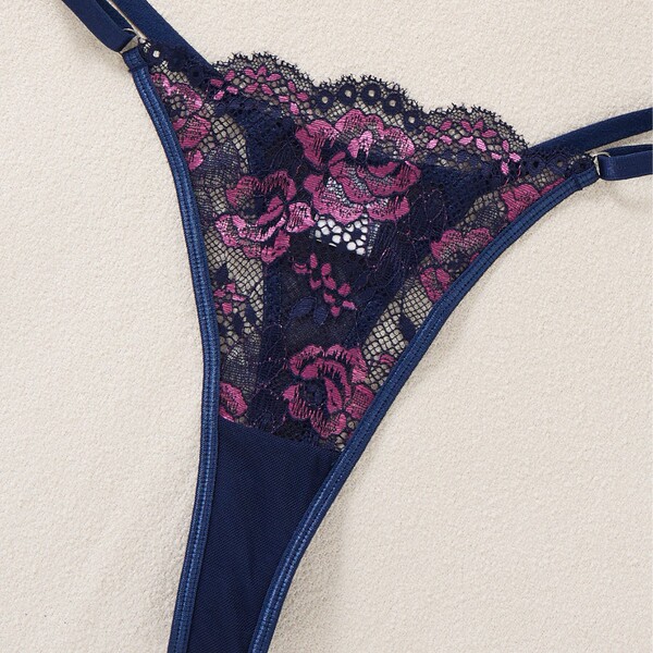 Navy blue lace thong with pink floral embroidery from pure & alluring sleep dress collection.
