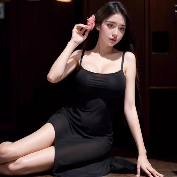 Woman in black sheer slip dress with high slit, holding a pink flower, elegant lounge wear for women.