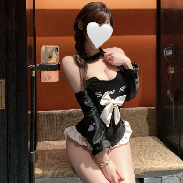 Elegant maid-themed lingerie set featuring a black bodice with white accents, perfect for sensual sleepwear with sophisticate...