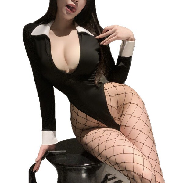 Woman in black and white lingerie set with fishnet stockings, showcasing the pure & alluring lingerie set – seductive qqny de...