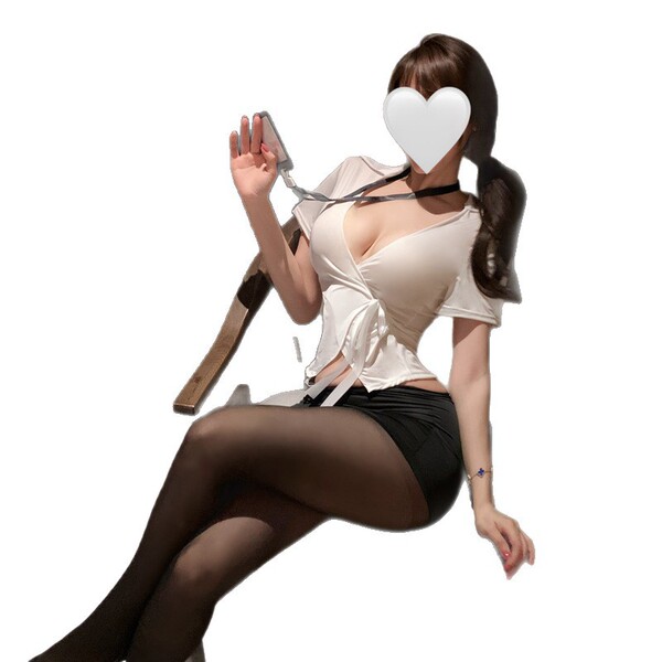 Woman in white blouse and black skirt holding phone, showcasing pure & alluring lingerie set - premium seductive secretarial ...