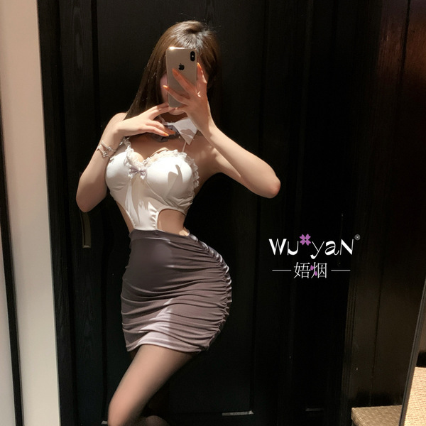 Woman in mirror selfie wearing white lace top and gray satin skirt from pure & alluring lingerie set for women – luxury seduc...
