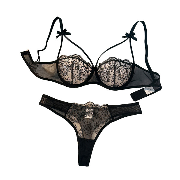 Black sheer lace bra set with underwire and bow straps, paired with matching thong. lightweight sensual lingerie for small bu...