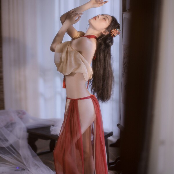 Vintage chinese hanfu lingerie set featuring dunhuang flying phoenix embroidery, with a halter bodice and gauzy skirt design.