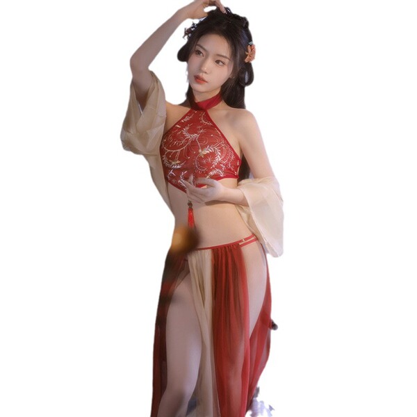 Vintage chinese hanfu lingerie set featuring dunhuang flying phoenix embroidery, elegant halter bodice with gauzy skirt desig...