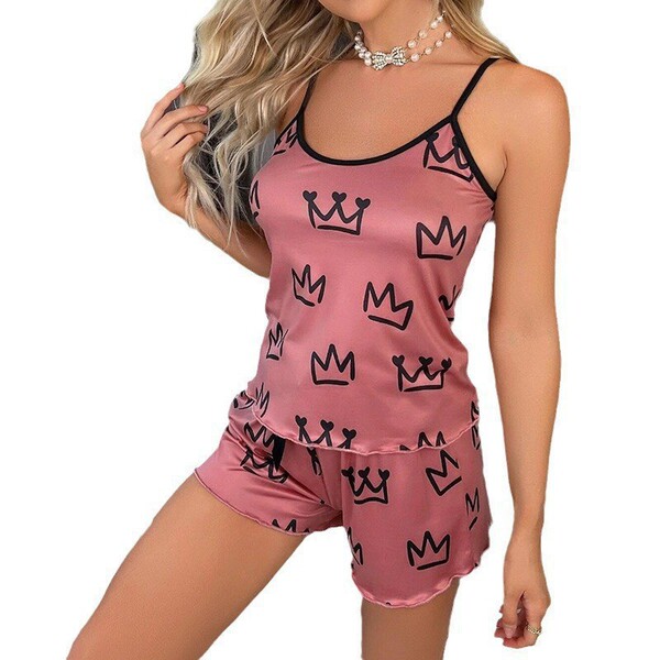 Sexy sleepwear set featuring a pink tankini with black crown prints, perfect for womens bedroom outfits.