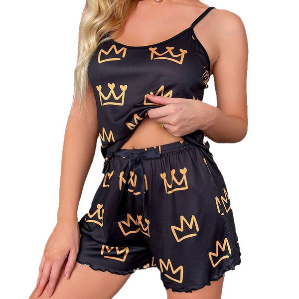 Sexy sleepwear set featuring gold crown patterns on black fabric, perfect for womens bedroom outfits.