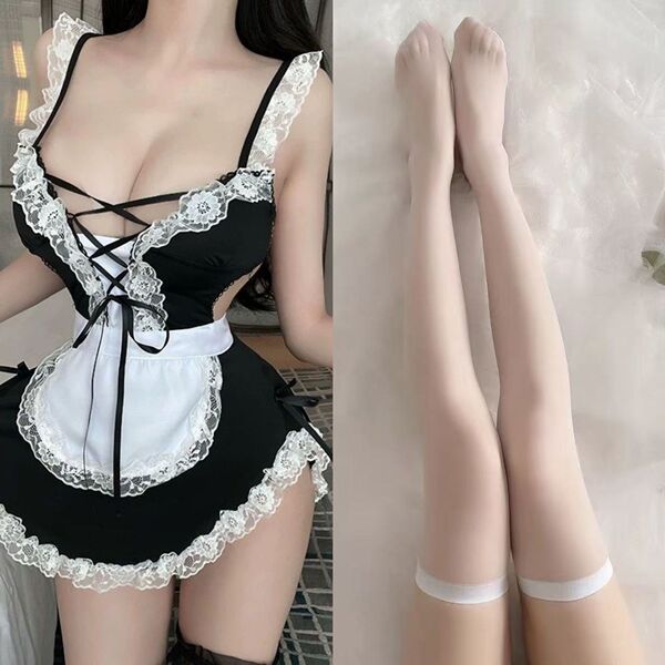 Sexy Maid Costume for Women - Plus Size No-Remove Lingerie Sleepwear Set with Adjustable Straps & Seductive Design - Cute Maid Set (4-piece) with Pure and Alluring Style + White Stockings