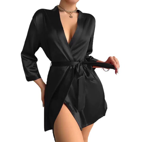 Pure color sexy summer sleep dress for women – lightweight breathable ice silk robe & loungewear set, elegant black design wi...