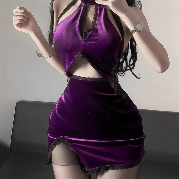 Woman wearing purple velvet lingerie set with lace trim, featuring halter top and mini skirt for cosplay or role play.
