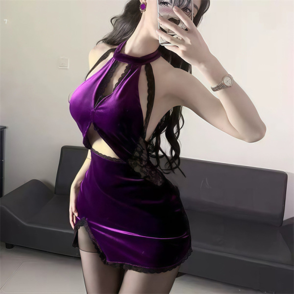 Woman wearing a purple velvet pure & dark lingerie set, styled as a sexy witch cosplay sleep dress for role play.