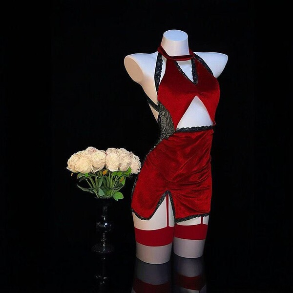 Red velvet lingerie set with black lace trim, styled as a witch cosplay sleep dress for role play, displayed on mannequin bes...