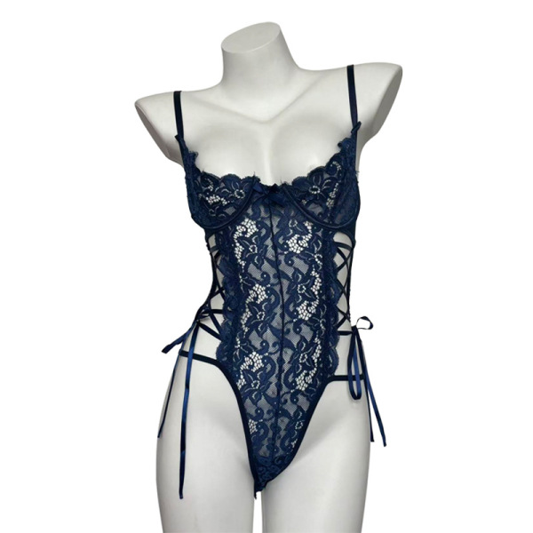 Navy lace bunny bodysuit with floral trim, sheer cutouts, and open chest design for women.